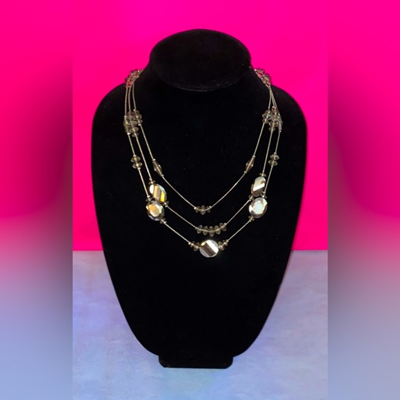 Jewelry - 3 Layer Silver Toned Necklace w/Crystal Rondelle & Gun Metal Silver Glass Beads